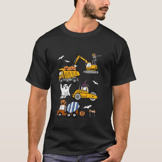 建築車両ハロウィンクレーントラックパンプキン Tシャツ (正面)