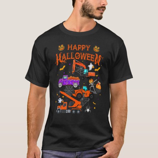 建築車両ハロウィンクレーントラックパンプキン Tシャツ (正面)