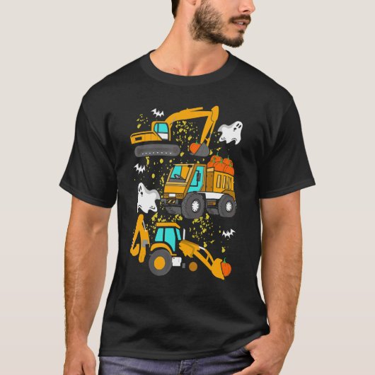建築車両ハロウィンクレーントラックパンプキン Tシャツ (正面)