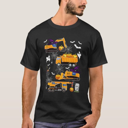 建築車両ハロウィンクレーントラックパンプキン Tシャツ (正面)