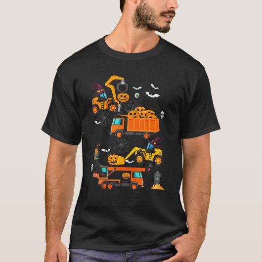 建築車両ハロウィンクレーントラックパンプキン Tシャツ (正面)