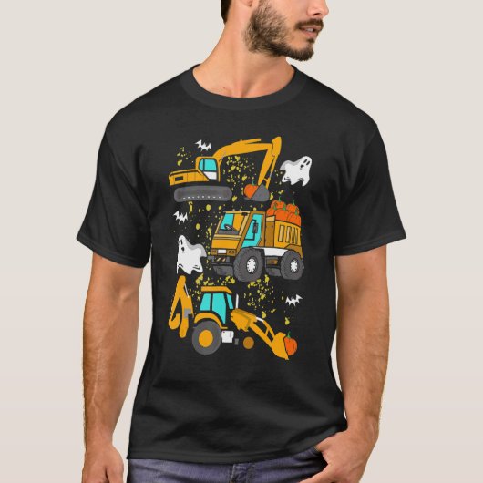 建築車両ハロウィンクレーントラックパンプキン Tシャツ (正面)