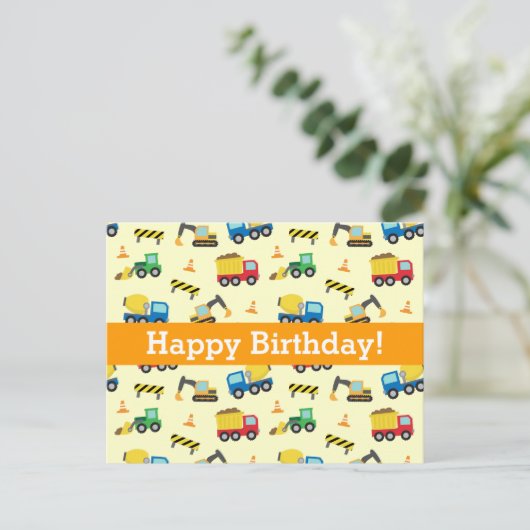 建築車両パターン、ハッピーバースデー ポストカード (スタンド正面)