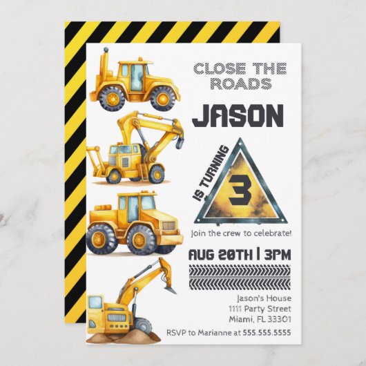 建築車少年ダンプトラック誕生日 招待状 (正面/裏面)