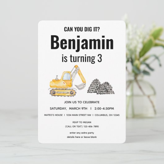 建築車用ディガー誕生日 招待状 (スタンド正面)