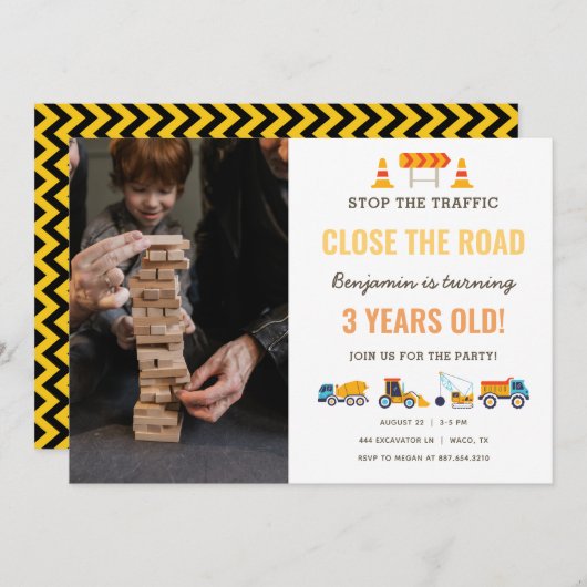 建築車男の子の誕生日パーティーフォト 招待状 (正面/裏面)