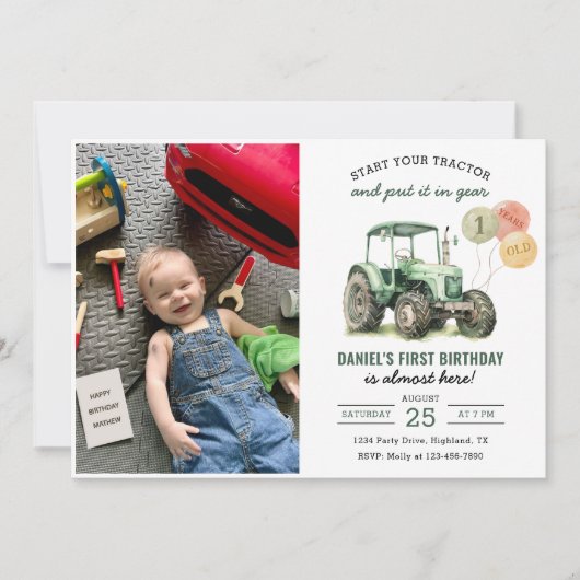 建築車男の子の誕生日パーティーフォト 招待状 (正面)