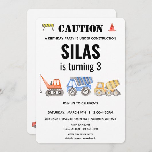 建築車誕生日 招待状 (正面/裏面)