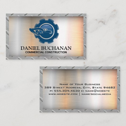 建築車 |ギア |金属の背景 名刺 (正面/裏面)