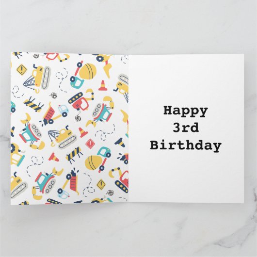 建築黄色トラック車3歳の誕生日 カード (内部)