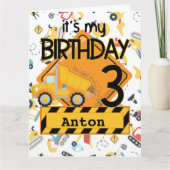 建築黄色トラック車3歳の誕生日 カード (正面)