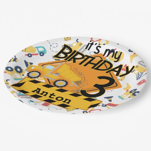 建築黄色トラック車3歳の誕生日 ペーパープレート (アングル)