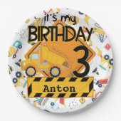 建築黄色トラック車3歳の誕生日 ペーパープレート (正面)