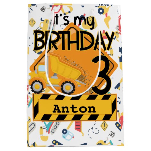 建築黄色トラック車3歳の誕生日 ミディアムペーパーバッグ (正面)