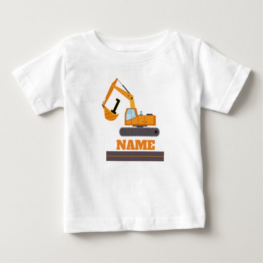 建築1歳の誕生日-掘削機パーソナライズされた- ベビーTシャツ (正面)
