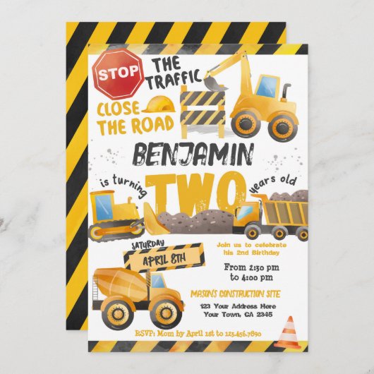 建築、ダンプトラック2nd誕生日 招待状 (正面/裏面)