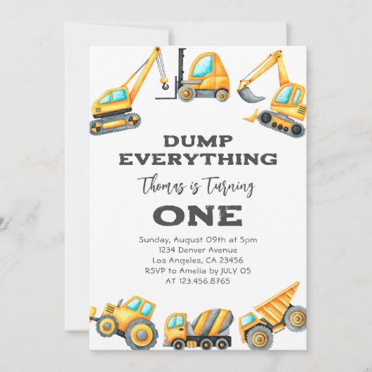 建築Dump Everything Truck 1st誕生日 招待状 (正面)