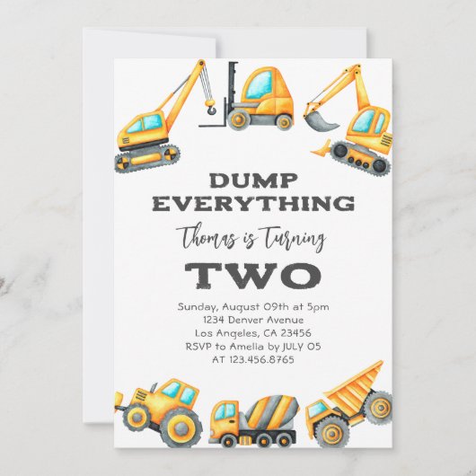 建築Dump Everything Truck 2nd誕生日 招待状 (正面)