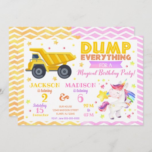 建設とユニコーンの共同誕生日招待状 招待状 (正面/裏面)