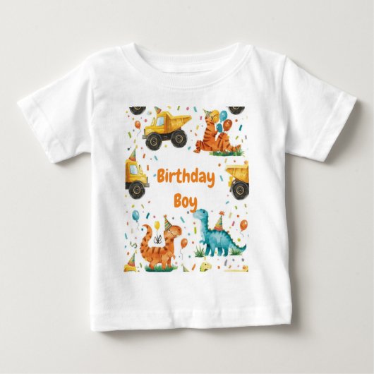 建設ダイナソー 誕生日 ボーイ 名入れ ベビーTシャツ (正面)