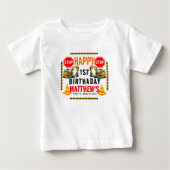 建設ダンプトラックの1歳誕生日パーティー ベビーTシャツ (正面)