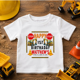 建設ダンプトラックの1歳誕生日パーティー ベビーTシャツ