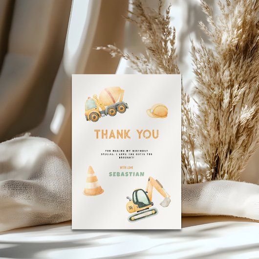 建設ダンプトラックパーティーボーイの1歳誕生日 サンキューカード