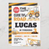 建設ダンプトラック子供の誕生日パーティー 招待状 (正面/裏面)