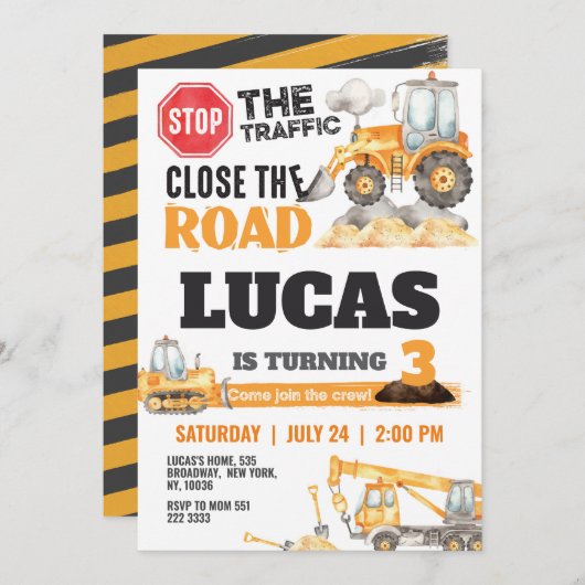 建設ダンプトラック子供の誕生日パーティー 招待状 (正面/裏面)