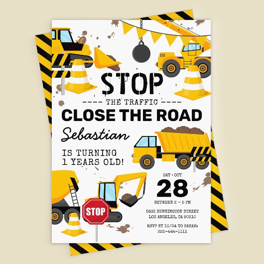 建設ダンプトラック子供の誕生日パーティー 招待状