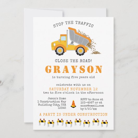 建設ダンプトラック男子ショベルパーティ写真 招待状 (正面)