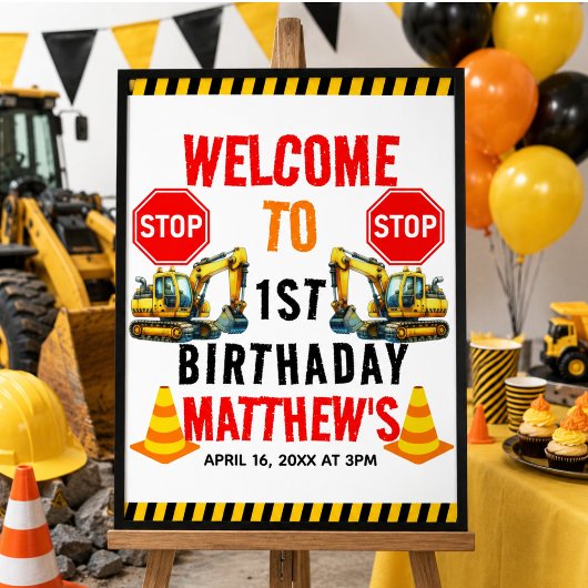 建設ダンプトラック 1歳の誕生日パーティー ポスター