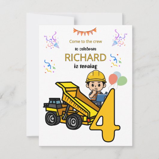 建設テーマの楽しい子供の誕生日パーティー 招待状 (正面)