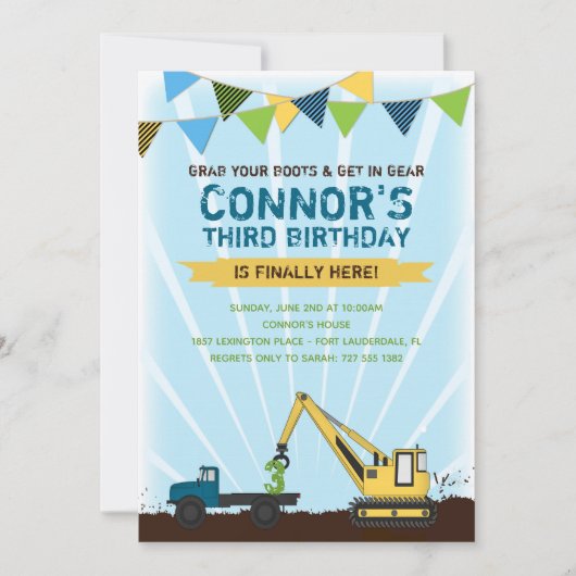 建設トラックとショベルカーの誕生日パーティー 招待状 (正面)