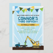 建設トラックとショベルカーの誕生日パーティー 招待状 (正面/裏面)