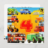 建設トラックの子供の4歳の誕生日パーティー 招待状 (正面/裏面)