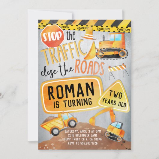 建設トラックの誕生日パーティー招待状 招待状 (正面)