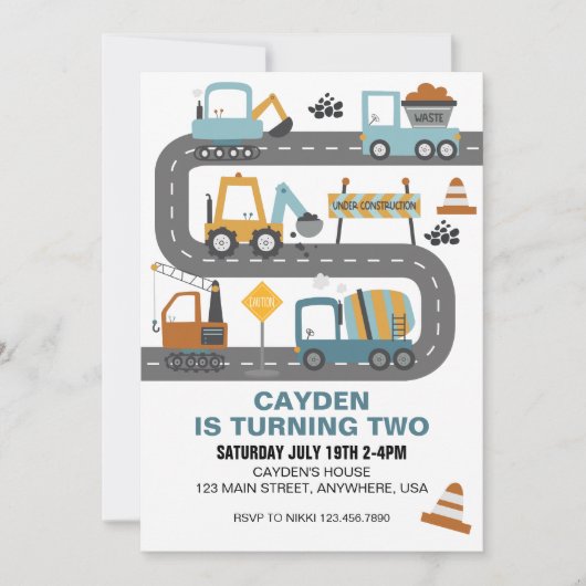 建設トラックの誕生日招待状 招待状 (正面)