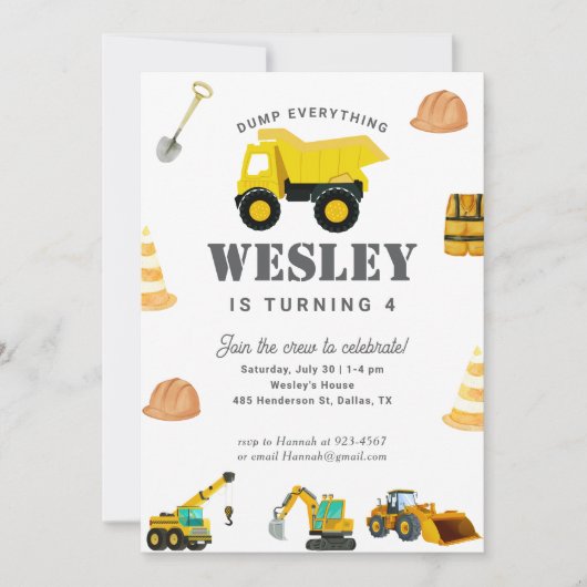 建設トラックの誕生日 招待状 (正面)