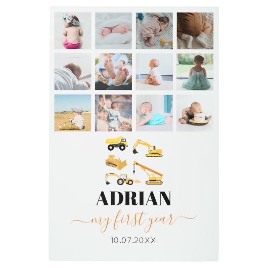 建設トラックの赤ちゃんファーストイヤー写真コラージュ メタルプリント (正面)