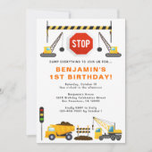 建設トラックの1歳誕生日パーティー 招待状 (正面)