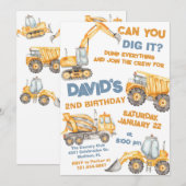 建設トラックの2歳誕生日パーティー 招待状 (正面/裏面)