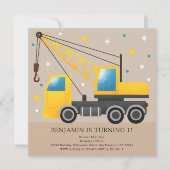 建設トラックをテーマにした1歳の誕生日パーティー 招待状 (正面)
