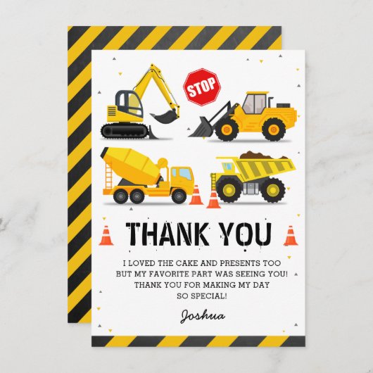 建設トラックテーマの子供の誕生日 サンキューカード (正面/裏面)