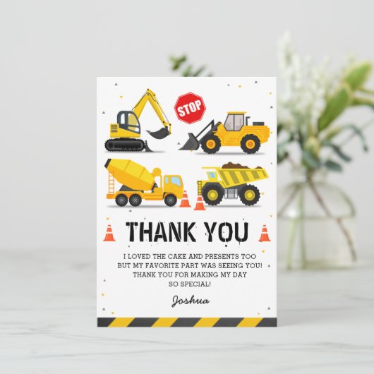 建設トラックテーマの子供の誕生日 サンキューカード (スタンド正面)