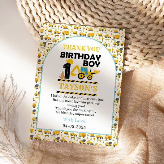 建設トラック1歳誕生日 | 子供の誕生日パーティー サンキューカード