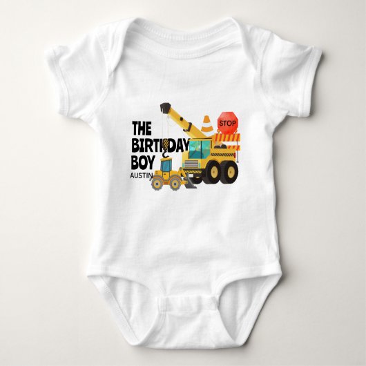 建設トラック | 子供の誕生日パーティー ベビーボディスーツ (正面)