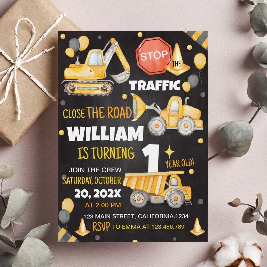 建設トラック 1歳の誕生日パーティー招待状 招待状