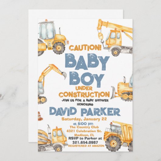 建設ベイビーボーイ ダンプトラックパーティー 招待状 (正面/裏面)