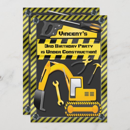 建設中の誕生会は坑夫に用具を使います 招待状 (正面/裏面)